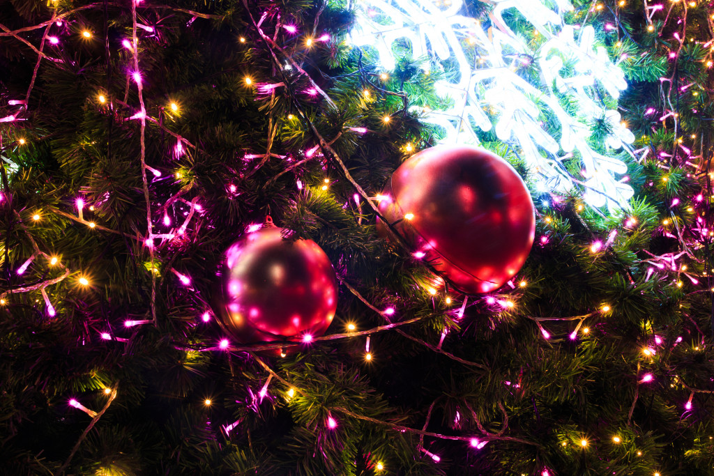 Christmas lights and ornaments on a Christmas tree